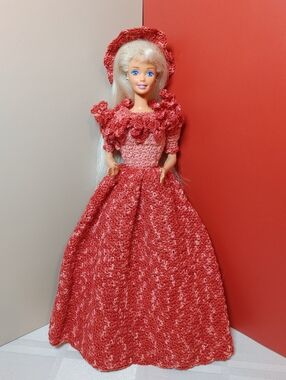 Vintage Barbie With Earrings, Red Handmade Gown Matching Hat, Shoes, Underwear